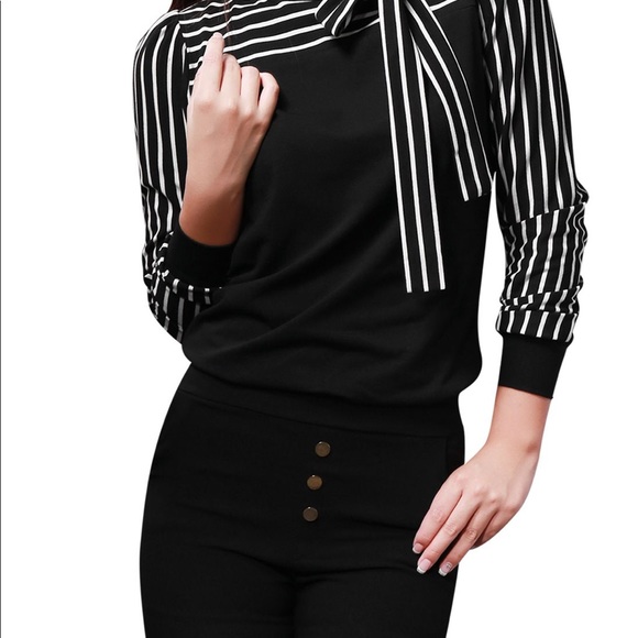 Allegra K Tops - Allegra K Stripes Long Sleeves Pussy-Bow Black